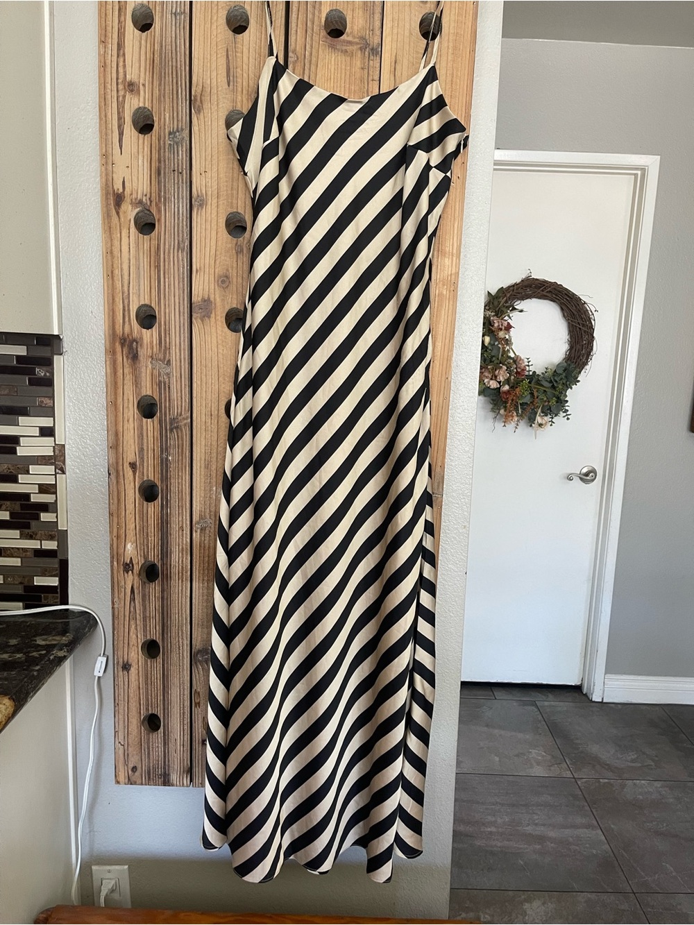 Endless Rose Black and Cream Diagonal Stripe Slip Dress with Spaghetti Straps - Picture 3 of 6